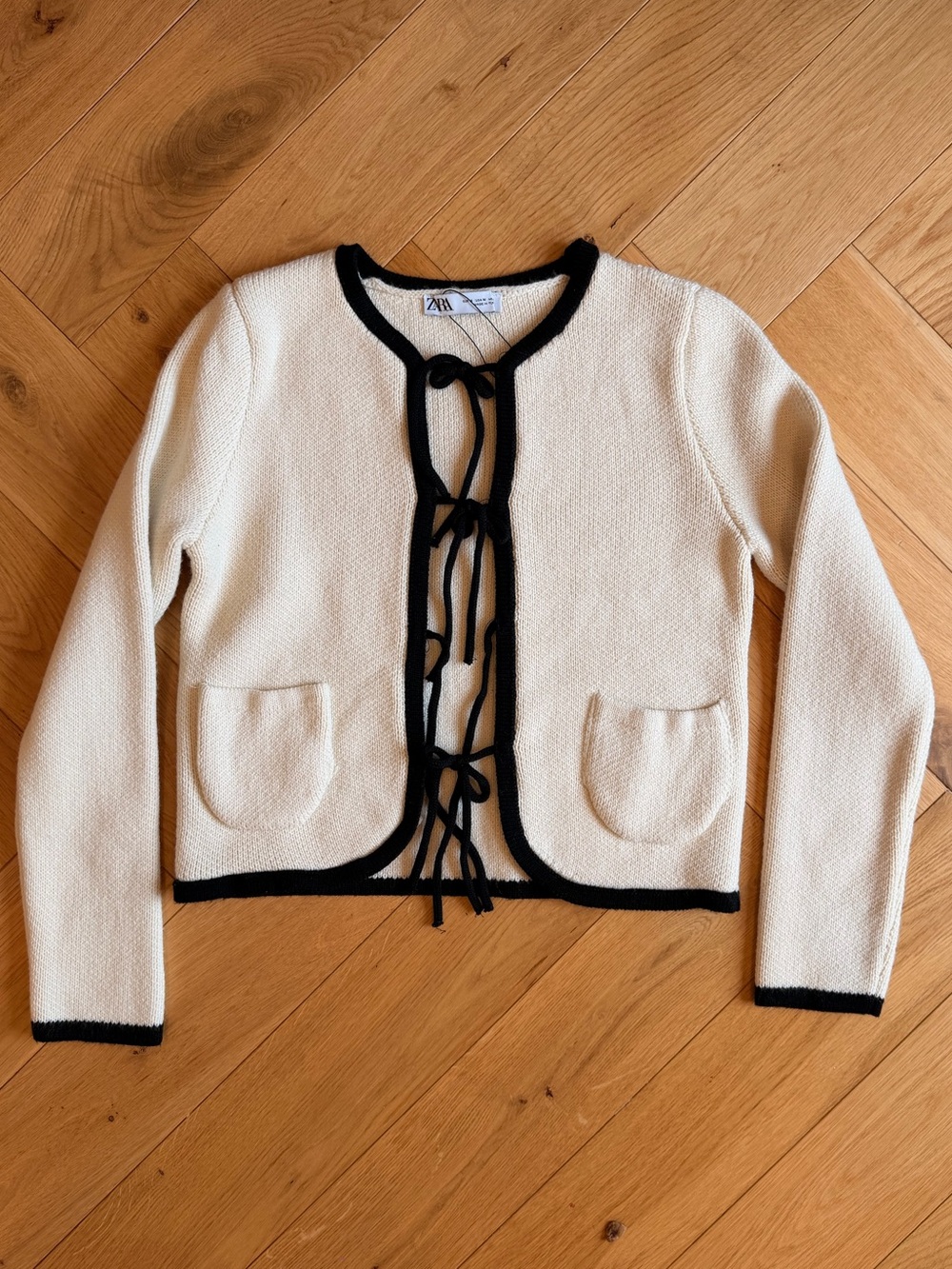 ZARA Cream Cardigan with Black Trim and Tie Front